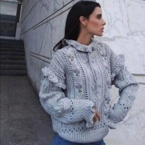 Zara Oversized Grey Pink Embroidered Ruffle Sweater
